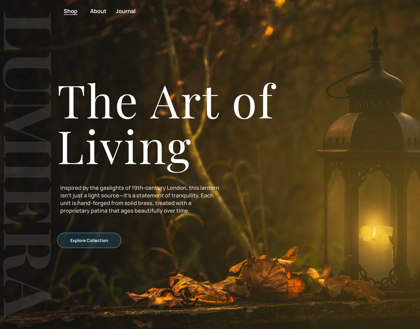 Lumiera e-commerce landing page with lantern and warm forest art direction