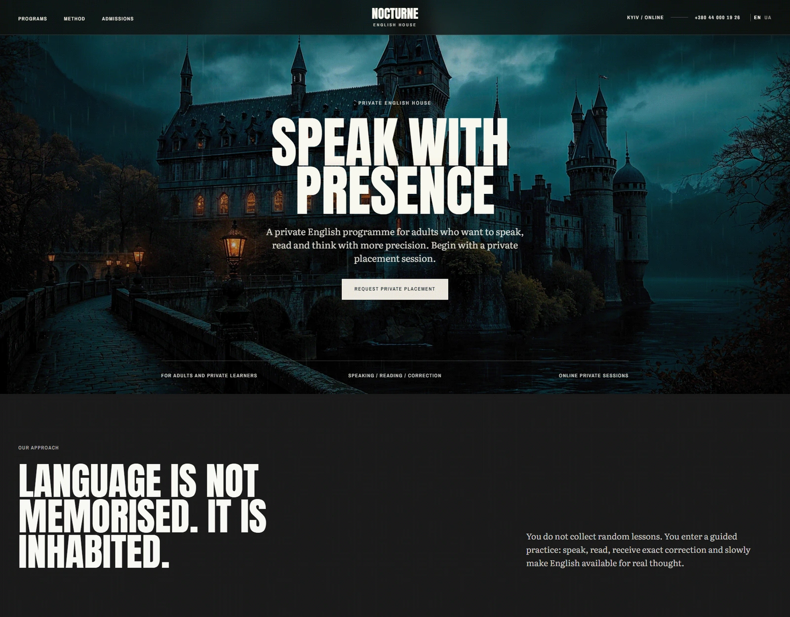 NOCTURNE private English school website with dark editorial art direction